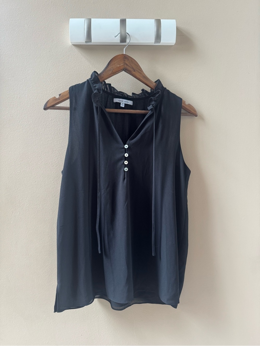 Naked Zebra Black Sleeveless Ruffle Neck Camisole with Button Placket